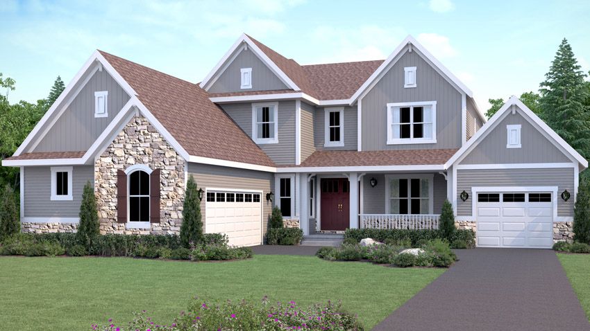 Exterior rendering of 4 bedroom, 3.5 bathroom home floor plan, in the French Country exterior style